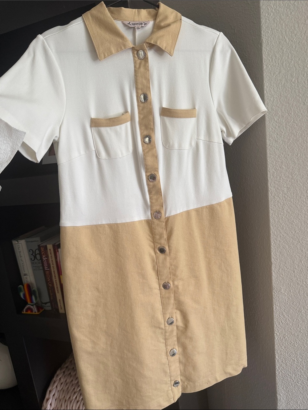 Nanette Lepore White and Beige Two-Tone Button Front Dress